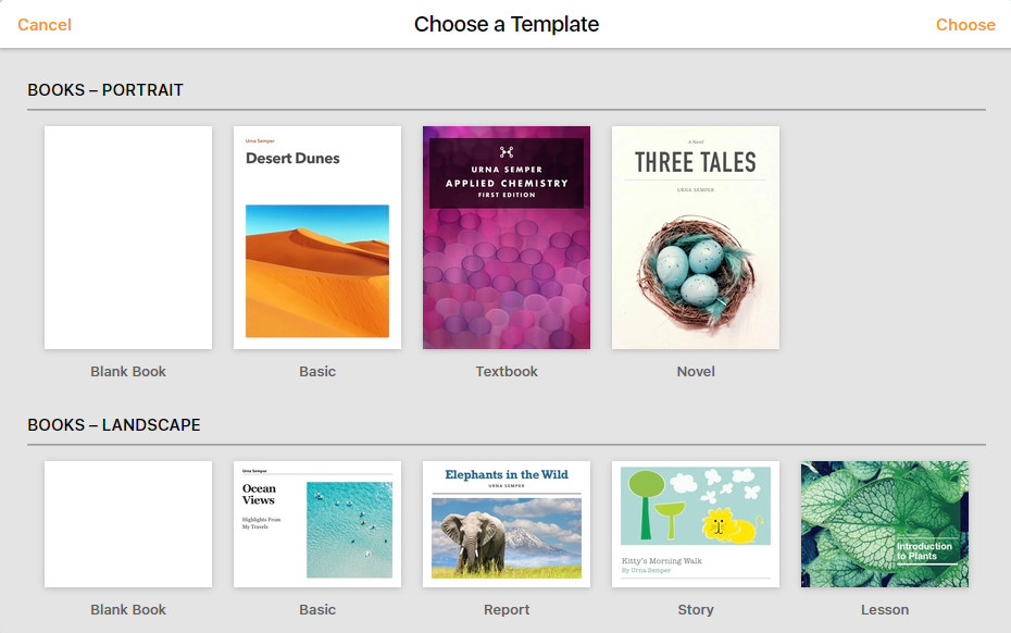 A selection of Apple Book templates in Pages 