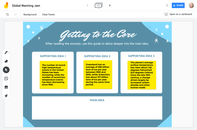 Screenshot of the Jamboard website. Shows a graphic organizer that has ideas supporting the existence of global warming